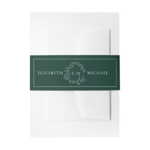 Modern Emerald Green Leafy Crest Monogram Wedding Invitation Belly Band