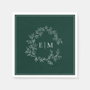 Modern Emerald Green Leafy Crest Monogram Wedding Napkin