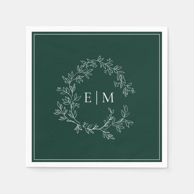 Modern Emerald Green Leafy Crest Monogram Wedding Napkin (Front)