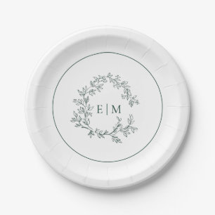 Modern Emerald Green Leafy Crest Monogram Wedding Paper Plate