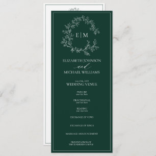 Modern Emerald Green Leafy Crest Monogram Wedding Programme