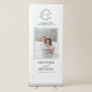 Modern Emerald Green Leafy Crest Monogram Wedding Retractable Banner