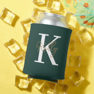 Modern Emerald Green Monogram Script Can Cooler