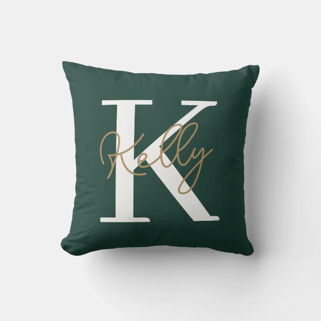 Modern Emerald Green Monogram Script Cushion (Front)