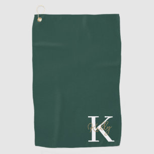 Modern Emerald Green Monogram Script Golf Towel