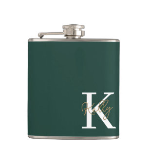 Modern Emerald Green Monogram Script Hip Flask