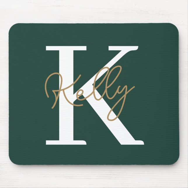 Modern Emerald Green Monogram Script Mouse Mat (Front)