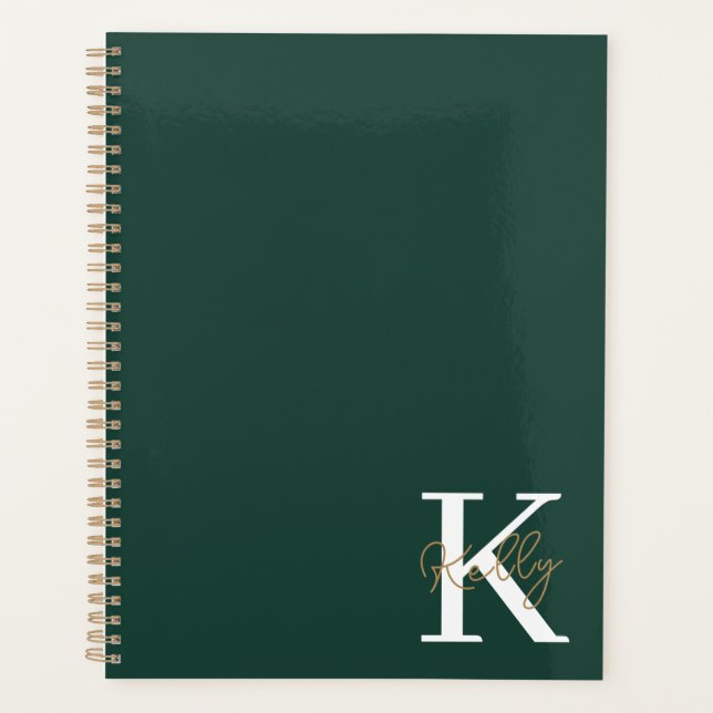 Modern Emerald Green Monogram Script Planner (Front)