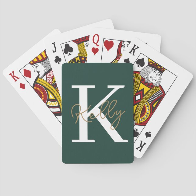 Modern Emerald Green Monogram Script Playing Cards (Back)