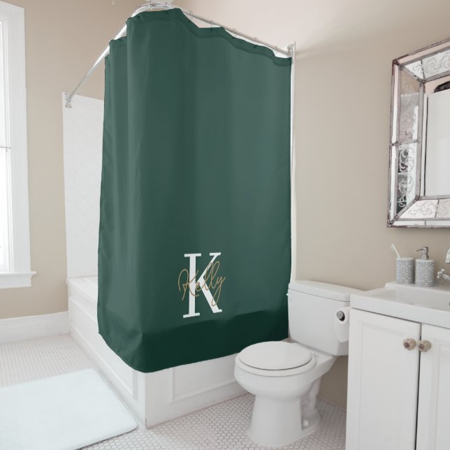 Modern Emerald Green Monogram Script Shower Curtain (In Situ)