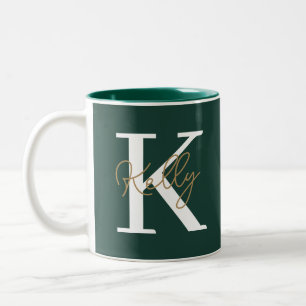 Modern Emerald Green Monogram Script Two-Tone Coffee Mug