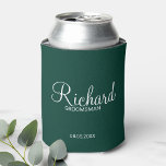 Modern Emerald Green Personalised Groomsman Can Cooler<br><div class="desc">Personalised Groomsman Gifts
featuring personalised groomsman's name in white modern script font style with title and wedding date in modern sans serif font style on emerald green background.

Also perfect for best man,  father of the bride,  bridesmaid,  maid of honour,  mother of the bride and more.</div>