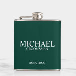 Modern Emerald Green Personalised Groomsman Hip Flask<br><div class="desc">Modern Personalised Groomsman Gifts
featuring personalised groomsman's name,  title and wedding date in white classic serif font style on emerald green background.

Also perfect for Best Man,  Father of the Bride and more.</div>