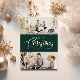 Modern Emerald Green Photo Collage Christmas Gold Foil Holiday Card