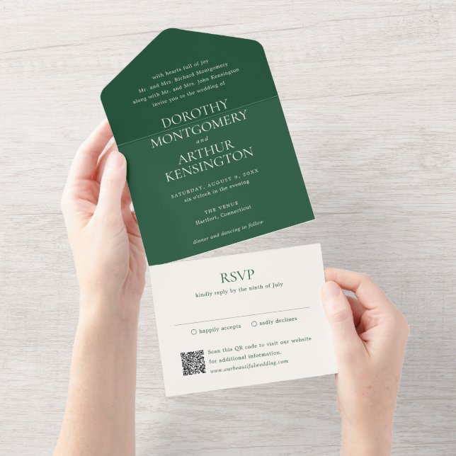 Modern Emerald Green QR Code Elegant Wedding All In One Invitation (Tearaway)