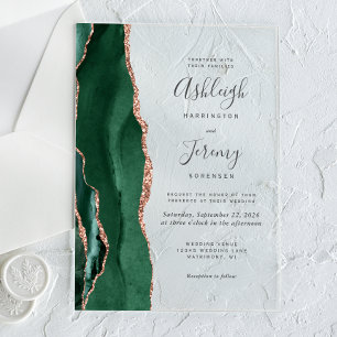 Modern Emerald Green Rose Gold Agate Wedding Acrylic Invitations