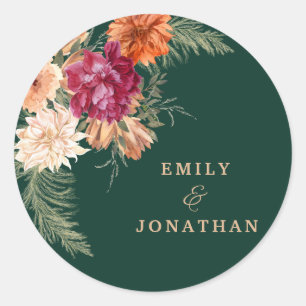 Modern Emerald green rustic floral fall wedding  Classic Round Sticker