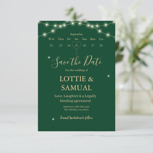 Modern Emerald green Save The Date (Standing Front)