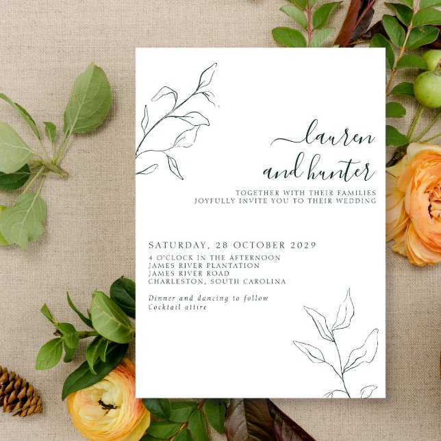 Modern Emerald Green Script Botanical Wedding Invitation (Creator Uploaded)