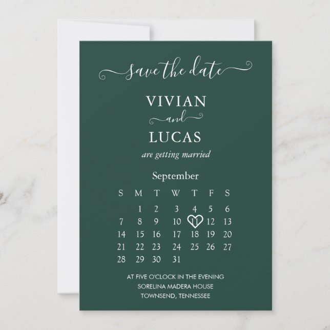 Modern Emerald Green Script Calendar Save the Date Invitation (Front)