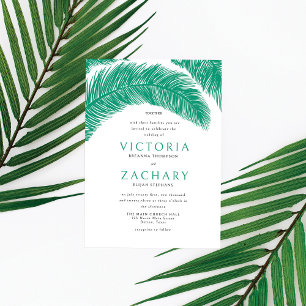 Modern Emerald Green Summer Palm Leaves Wedding Invitation
