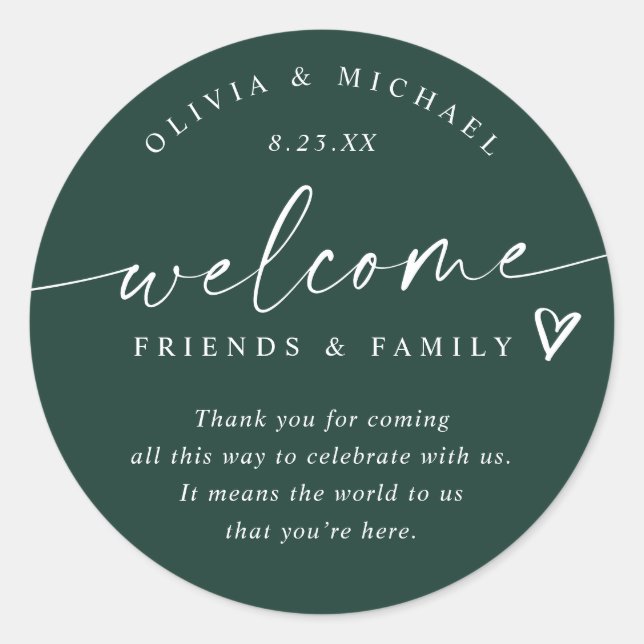 Modern Emerald Green Wedding Welcome Hotel Bag Classic Round Sticker (Front)