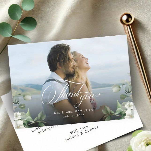 Modern Emerald Greenery Photo Wedding Thank You Card (Creator Uploaded)