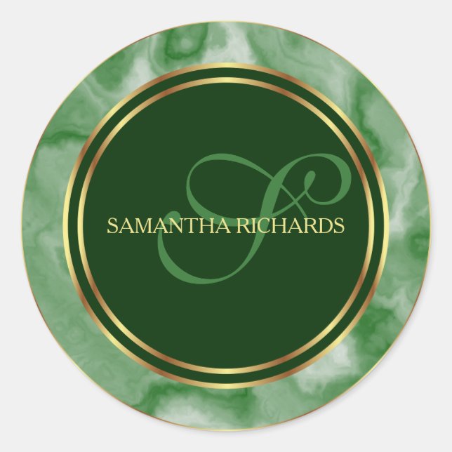 Modern Emerald Marble And Gold Monogram Classic Round Sticker (Front)