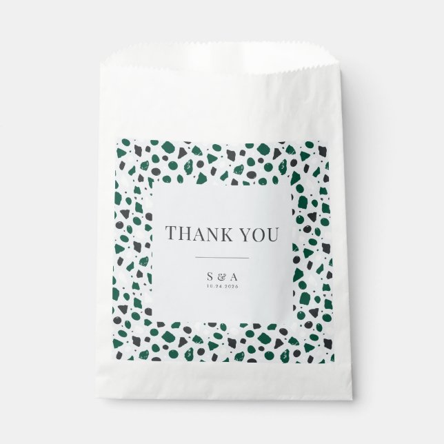 Modern Emerald Terrazzo & Confetti Favour Bags (Front)