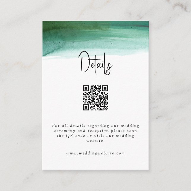 Modern Emerald Watercolor Wedding Details QR Code  Enclosure Card (Front)