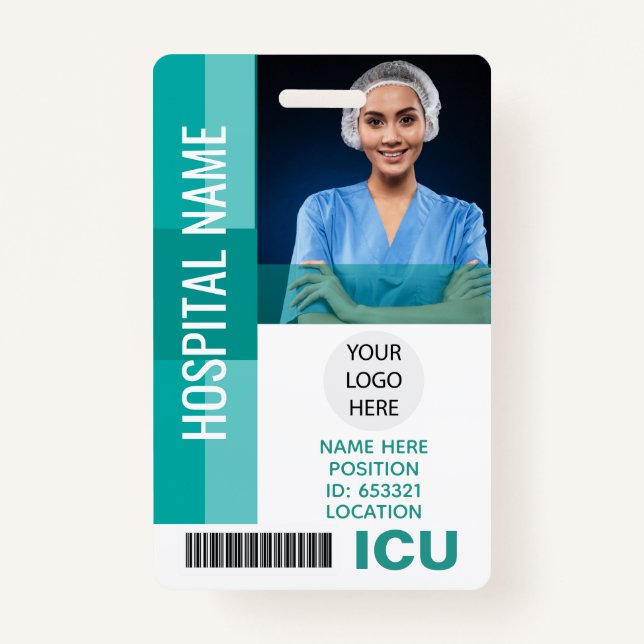 Modern Employee Photo, Bar Code, Logo ICU ID ID Badge (Front)