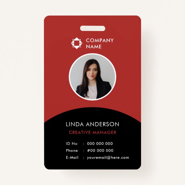 Modern Employee Photo ID Company Logo Black Red ID Badge (Front)