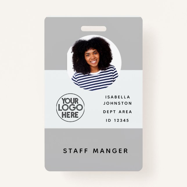 Modern Employee Photo ID Logo | QR Barcode Grey ID Badge (Front)