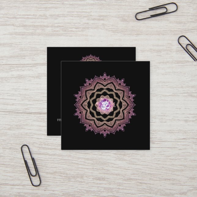 Modern Energy Healing Lotus Mandala Om Symbol Square Business Card (Front/Back In Situ)