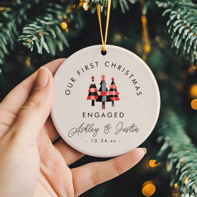Modern Engagement First Christmas Cosy Plaid  Ceramic Tree Decoration (Celebrate your first Christmas engaged with our cozy plaid trees ornament! )