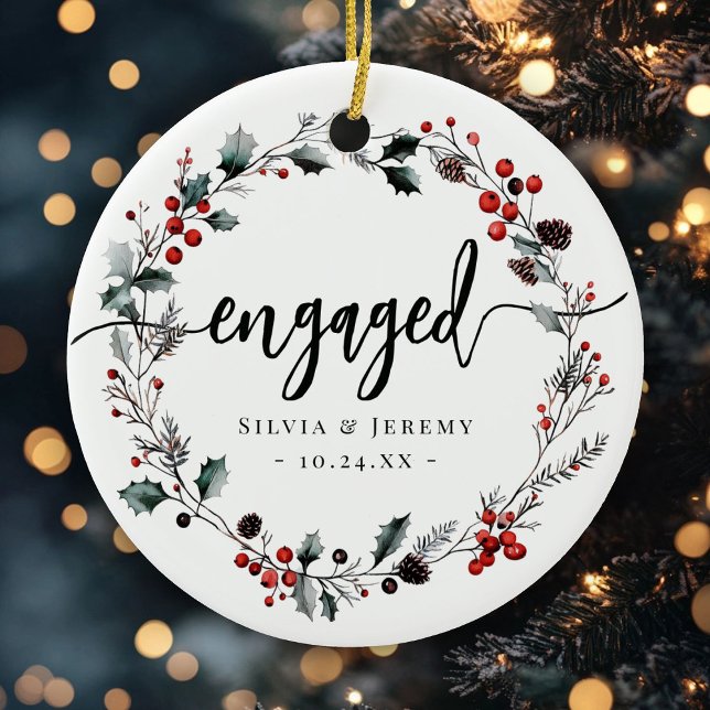 Modern Engagement First Christmas Mistletoe Wreath Ceramic Tree Decoration (Creator Uploaded)