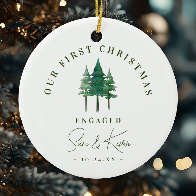 Modern Engagement First Christmas Pine Trees Ceramic Tree Decoration (Creator Uploaded)