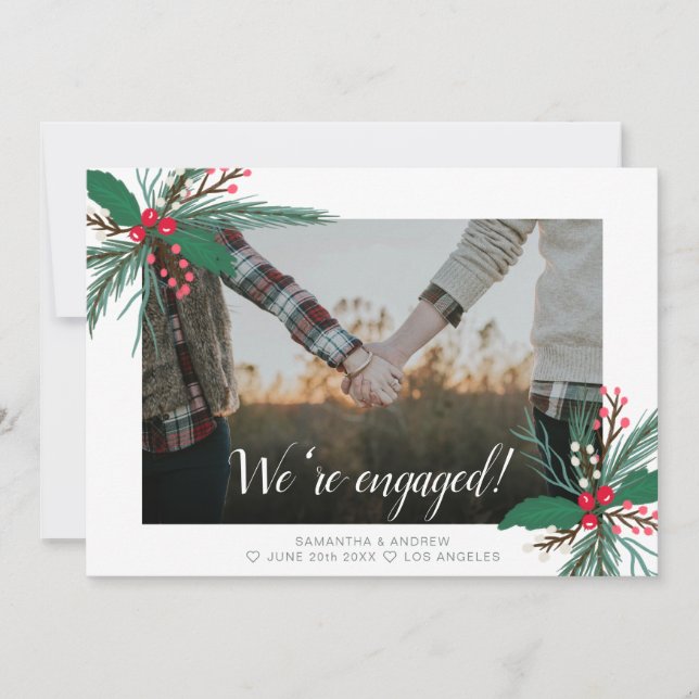 Modern engagement party christmas mistletoe photo announcement (Front)