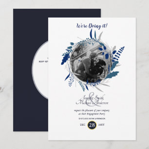 Modern Engagement Party PHOTO Blue Wreath Invitation