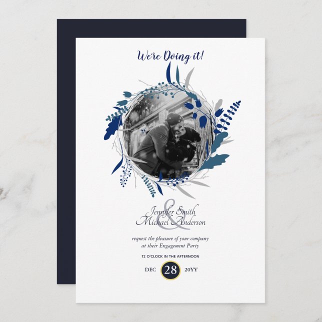 Modern Engagement Party PHOTO Blue Wreath Invitation (Front/Back)