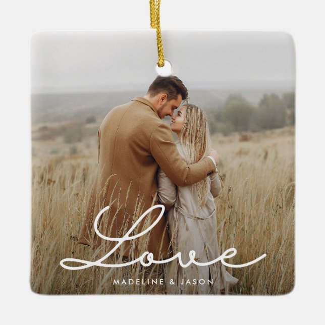 Modern Engagement Photo Calligraphy Love Ceramic Ornament (Front)