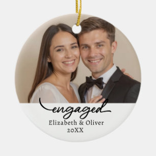 Modern Engagement Script Custom Photo Name   Ceramic Tree Decoration