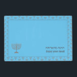 Modern Enjoy Your Meal | MENORAH Laminated Place Mat<br><div class="desc">Modern sky blue reversible MENORAH Table Placemats, showing with faux silver menorah tiled pattern. Near the bottom, there is a larger single menorah, plus text that reads ENJOY YOUR MEAL in English and Hebrew text. These are CUSTOMIZABLE so you can PERSONALIZE with your family name or other greeting. A plain...</div>