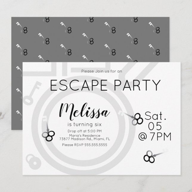 Modern Escape Room Birthday Party Grey Invitation (Front/Back)