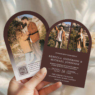 Modern Espresso Brown Arch Photo QR Code Wedding Invitation