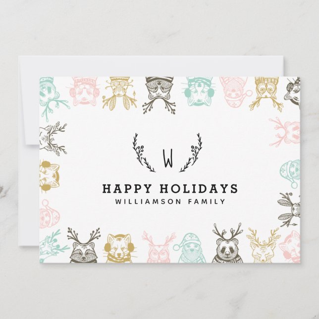 Modern Etched Style Woodland Animals Christmas Holiday Card (Front)