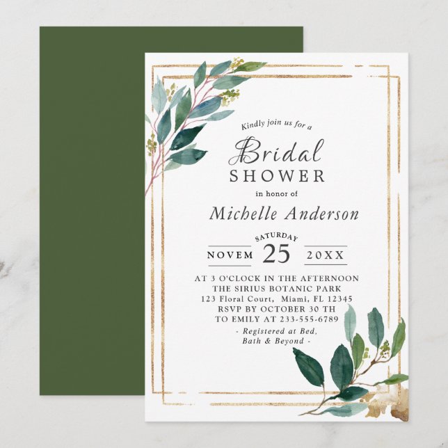 Modern  Eucaliptus Gold Bridal Shower Invitation (Front/Back)
