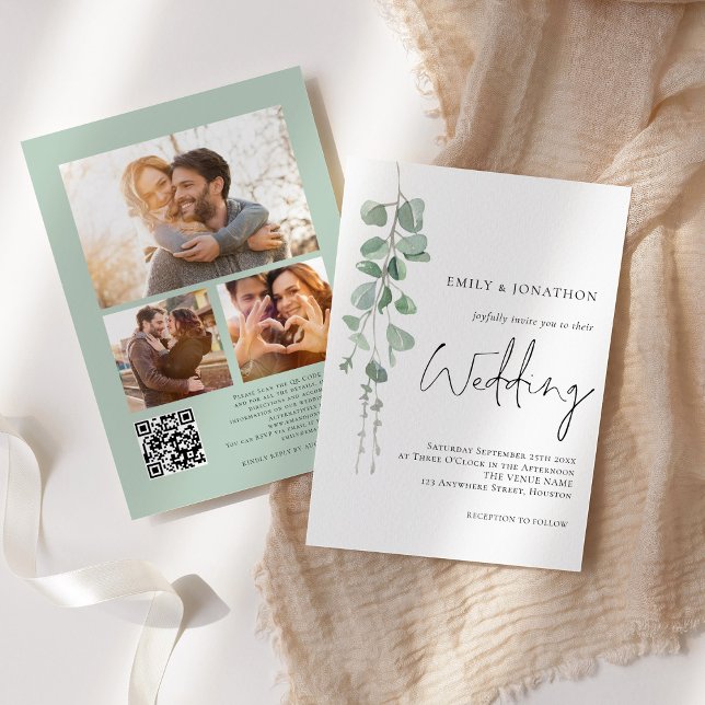 Modern Eucalyptus 3 Photos QR Code Script Wedding Invitation (Creator Uploaded)