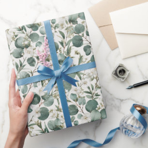 Modern Eucalyptus and White Floral Design Wrapping Paper
