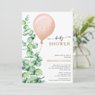 Modern Eucalyptus Balloon Baby Girl Shower Invitation